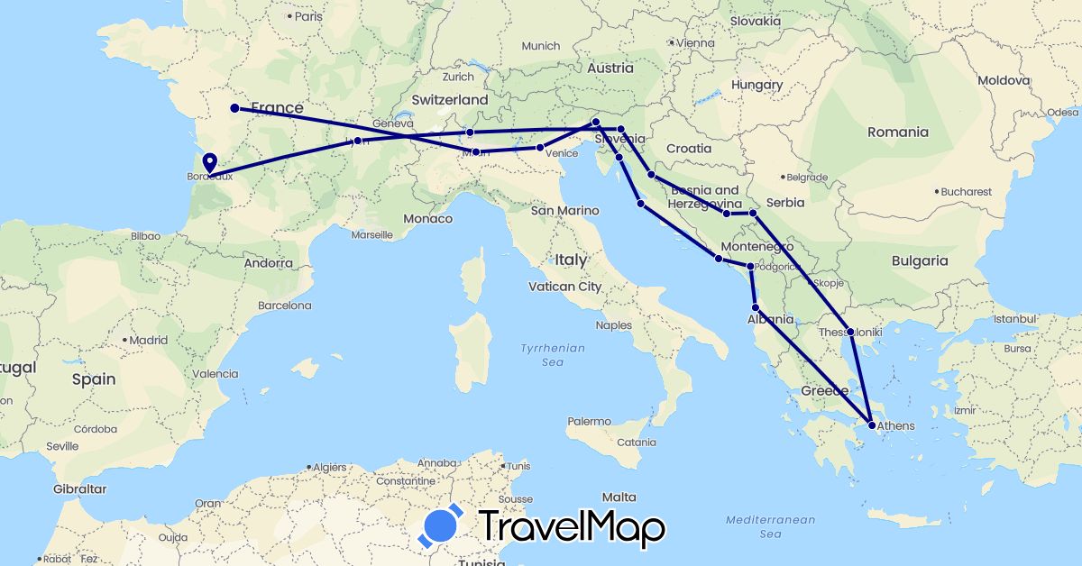 TravelMap itinerary: driving in Albania, Bosnia and Herzegovina, France, Greece, Croatia, Italy, Montenegro, Serbia, Slovenia (Europe)